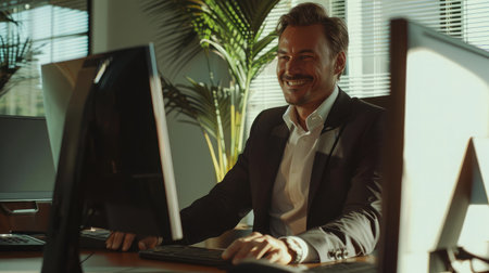 happy young business man work in modern office on computerの素材