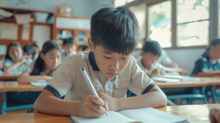 School student's taking exam writing answer in classroom for education test and literacy conceptの素材