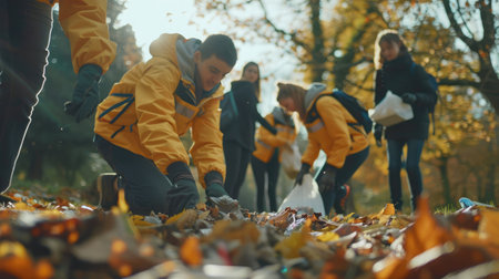 Team of young volunteers picking up litter in the parkの素材
