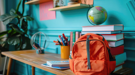 School books on desk, education conceptの素材