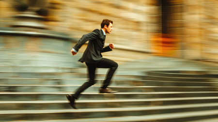 Businessman running fast upstairs. Horizontal outdoors shot.の素材