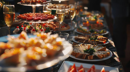 Catering Banquet table with canapes, snacks, festive table, slices, glassesの素材