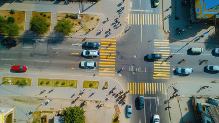 Aerial photo top view of people walk on street in the city over pedestrian crossing traffic roadの素材