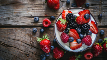 Bowl of fresh mixed berries and yogurt with farm fresh strawberries, blackberries and blueberries served on a wooden tableの素材