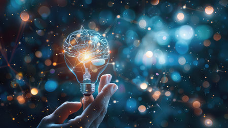 Creativity and innovative are keys to success.Concept of new idea and innovation with Brain and light bulbs.の素材