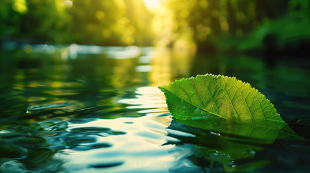 Green leaf reflecting in river water, closeup. Copyspace.の素材