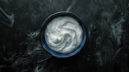 Greek yogurt in blue bowl on black table top view.の素材