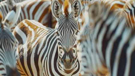 close up from a zebra surrounded with black and white stripes in his herdの素材