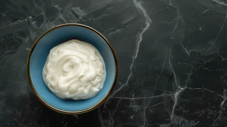 Greek yogurt in blue bowl on black table top view.の素材