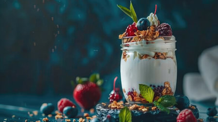 Natural Greek Yogurt With Fresh Berries And Granola In Jar. Healthy Eating, Healthy Lifestyle, Sporty Fitness Food Menu Conceptの素材