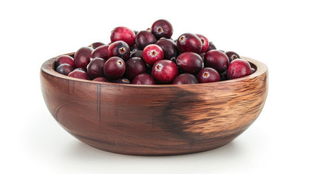 dried cranberries in wooden bowl isolated on white backgroundの素材