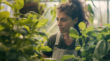 Latin woman working inside greenhouse garden Nursery and spring conceptの素材