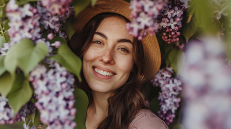 Smiling woman standing against lilac bushの素材