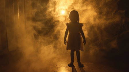 silhouette of a little girl emerges from a luminous room with smoke in the dark. The concept of children's fears and mysticismの素材