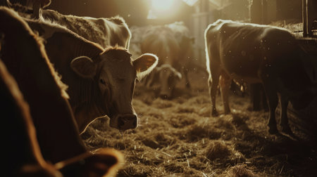 Group of cows at cowshed eating hay or fodder on dairy farm.の素材