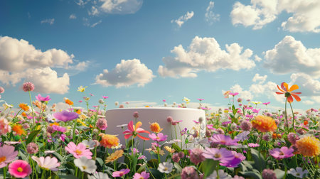 Platform and natural podium background on colorful flowers field with sky for product stand display advertising cosmetic beauty products or skincare with empty round stageの素材