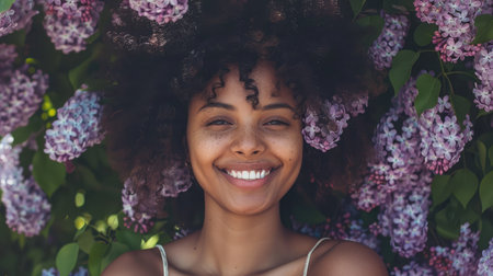 Smiling woman standing against lilac bushの素材