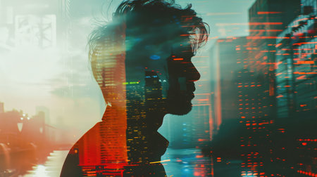 Double exposure concept with businessman silhouette. With special lighting effectsの素材