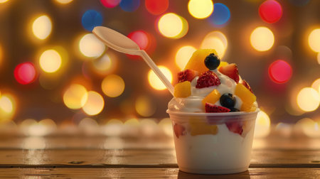 Creamy vanilla frozen yogurt topped with fresh tropical fruit served in a plastic takeaway tub with a disposable teaspoon on a wooden table with a background bokeh of party lightsの素材