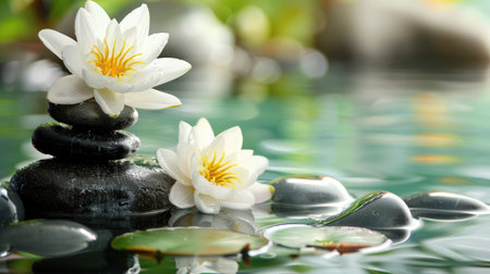 Spa still life with water lily and zen stone in a serenity poolの素材
