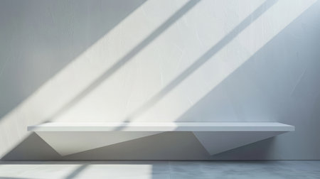 Soft light white abstract stage in elegant futuristic geometric style with simple lines and corners, polygons as background with white wood shelf for advertisement, presentation products, design.の素材