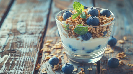 Yogurt with granola and fresh blueberries, in glass bowl over old wood background. Vintage effectの素材
