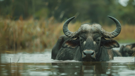 A buffalo is relax playing on rural pondの素材