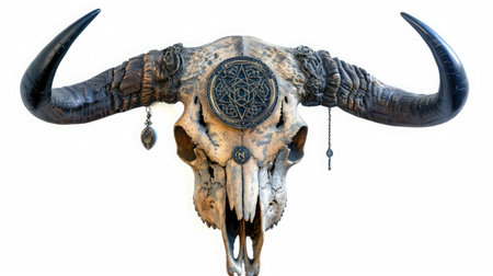 Buffalo skull with mystic symbol isolated on white backgroundの素材