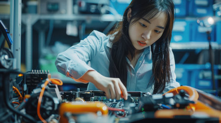 Asian girls enjoy making and fixing electrical robot car and learning online tutor training courseの素材