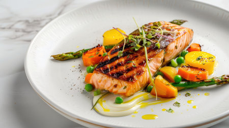 grilled salmon with asparagus, pea, yellow peppers, carrots and spring onions on white plateの素材