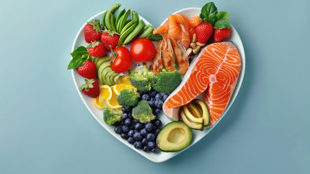 Selection of healthy food for heart, life concept --ar 16:9 --v 6 Job ID: 7769d5f3-1068-4cd9-a2bd-604a922f88d4の素材