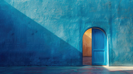 blue wall with opened doorの素材