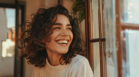 Cheerful woman inviting people to enter in homeの素材
