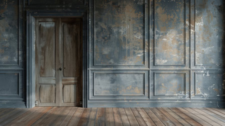 Close up of closed wooden door in the empty room with copy spaceの素材