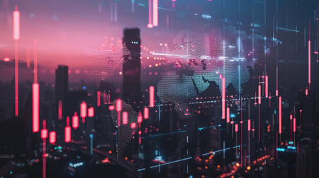 Double exposure of abstract financial graph with world map on office buildings background, forex and investment conceptの素材