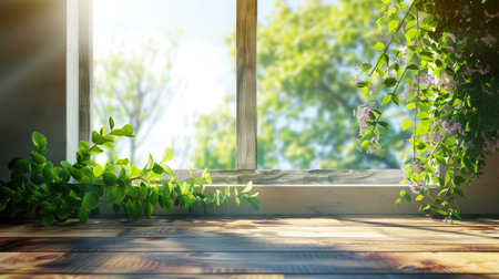 Desk of free space with green plant and window of spring timeの素材