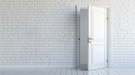 Half opened door to a living room. Door handle, door lock. Lounge door half open. Opening door. Welcome, privacy concept. Entrance to the room. Door at white brick wall, modern interior design.の素材