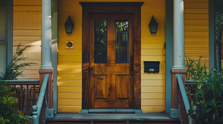 Wooden front door of a home. Front view of a wooden front door on a yellow house with reflections in the window and a wide view of the porch and front walkway. Horizontal shot.の素材