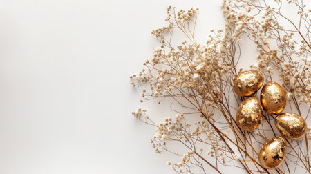 Stylish golden eggs easter concept. Easter gold eggs with golden dried flax linum bunch white background. Flat lay trendy easter. Happy easter card. Copy space for textの素材