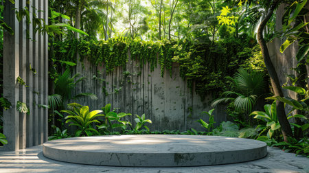 Concrete podium in tropical forest for product presentation and green wallの素材