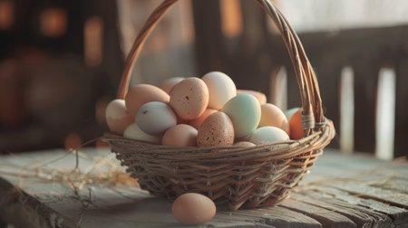 Basket of colorful chicken eggs on a wooden table in the chicken farm --ar 16:9 --v 6 Job ID: 23635e05-b7ac-489a-862b-183ba75ba5c9の素材