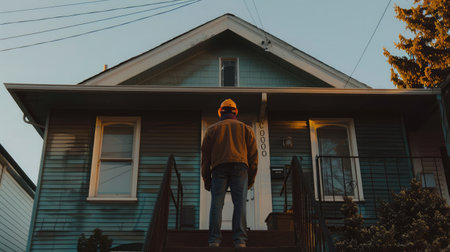 man with hard hat standing on steps inspecting house roofの素材