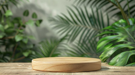 Wooden product display podium with blurred nature leaves backgroundの素材