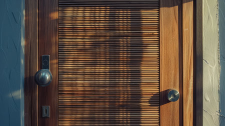 wooden door with grill, stainless door knob or handle on wooden door in beautiful lightingの素材