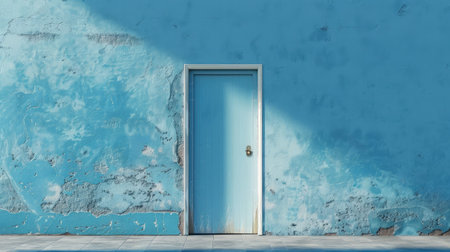 blue wall with opened doorの素材
