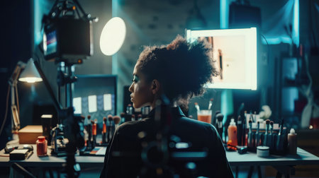 Behind the scene of artist creator doing make up tutorial recording beauty vlog reviewing cosmetics products in studio. Creative social media influencer filming makeup podcast using vlogging equipmentの素材