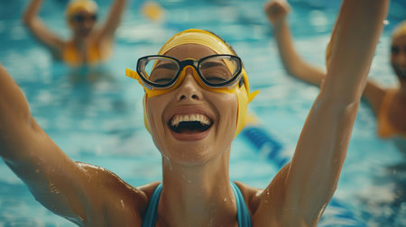 Portrait smiling female swimmers cheering and celebrating in swimming poolの素材