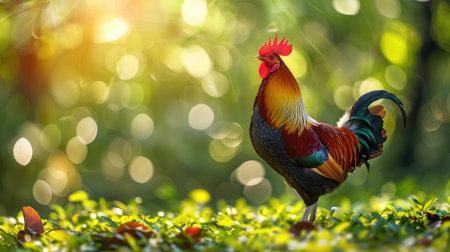 Beautiful Rooster standing on the grass in blurred nature green background.rooster going to crow.の素材
