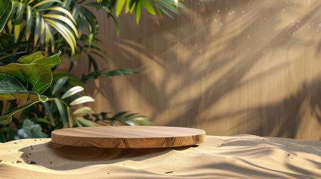 Wooden product display podium with blurred sand and leaves backgroundの素材