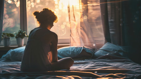 Silhouette of a woman sitting on bed feeling sleepless, suffering from emotional stressの素材